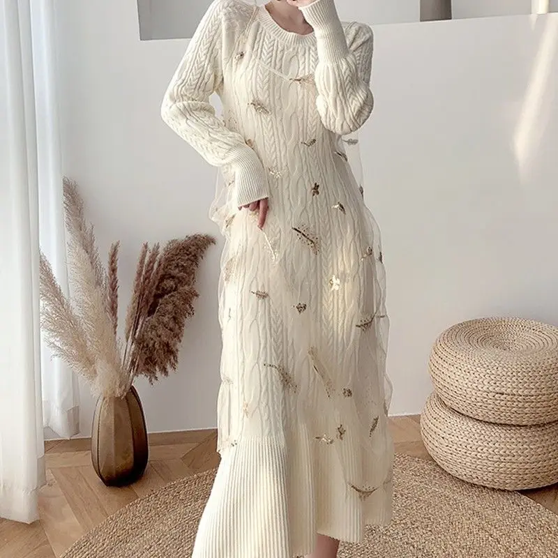 TAVIMART  -  Autumn Patchwork Outfit Woven Fake Two-Piece Slim Knitted Sweater Ruffled Round Neck Sleeve Dress