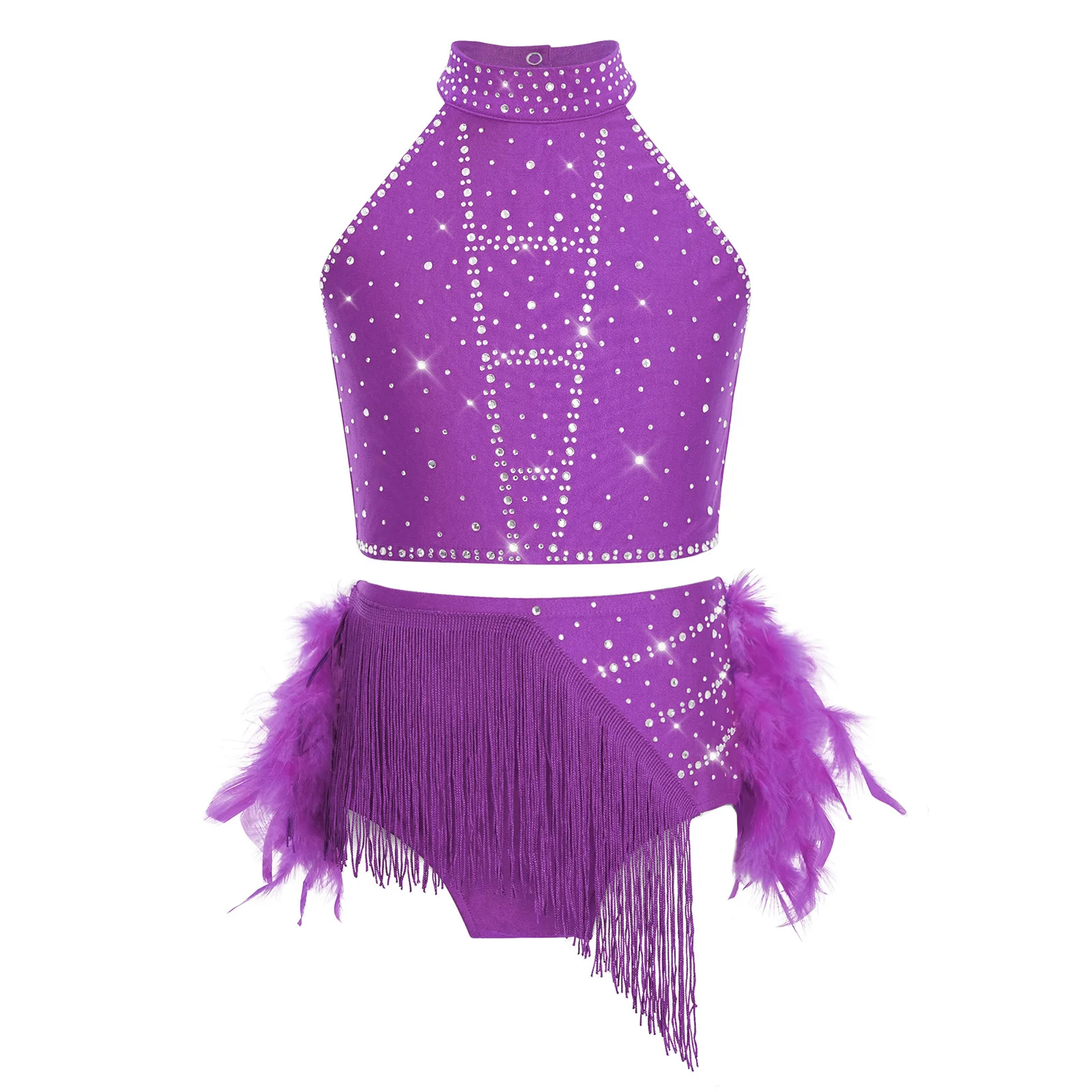 Latein-Tanz-Outfit für Kinder und Mädchen, Neckholder-Crop-Top mit Riemchen am Rücken und elastischem Bund, Quasten-Federrock für Samba, Rumba, Cha-Cha – Detail 3