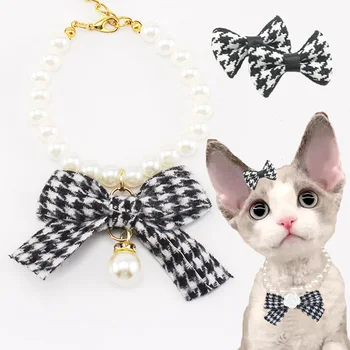 Pearl Necklace For Cats Puppy Adjustable Sash Houndstooth style Christmas Gifts Chic Pets Supplies Accessories Dogs Bows Collar 1