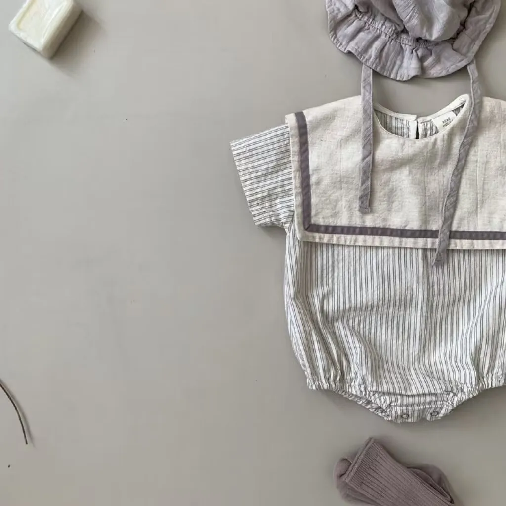 2026 여름 새  짧은 소매 바디 슈트 코튼  소년 소녀 선원 칼라 스트라이프 점프 슈트 얇은  의류 0-24M
