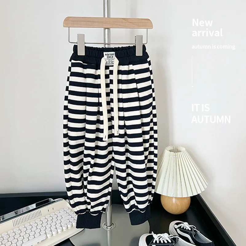 

2023 New Autumn Baby Boy Girl Cotton Pants Children's Stripe Print Cotton Elastic Waist Trousers Fashion Kids Loose Harem Pants
