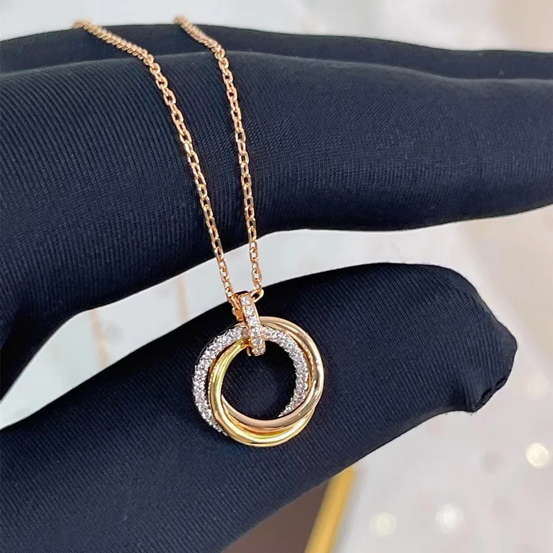 3 Ring 3 Color Pendant Sets Jewelry High Quality Fashion Exquisite Diamond Trinity Earrings Necklace For Women Gift
