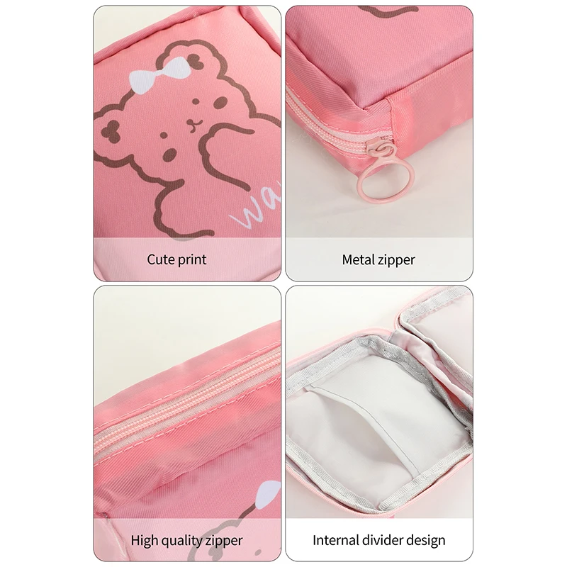 여성용 귀여운 화장품 메이크업 탐폰 베어 냅킨 파우치 보관 가방, 동전 지갑, 위생 패드 가방, 미니 데이터 케이블, 오르간, 3 개