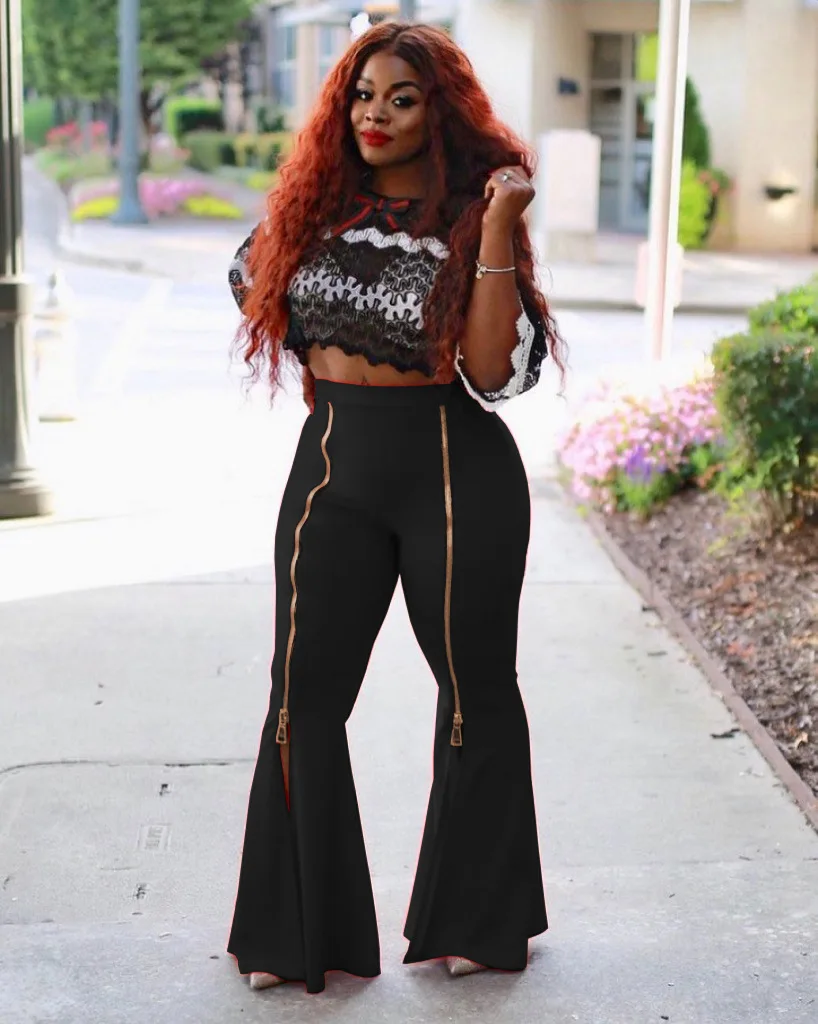 Women's Fashion High-waisted Slimming Flounces Flared Zipper Solid Color Casual Wide-leg Pants