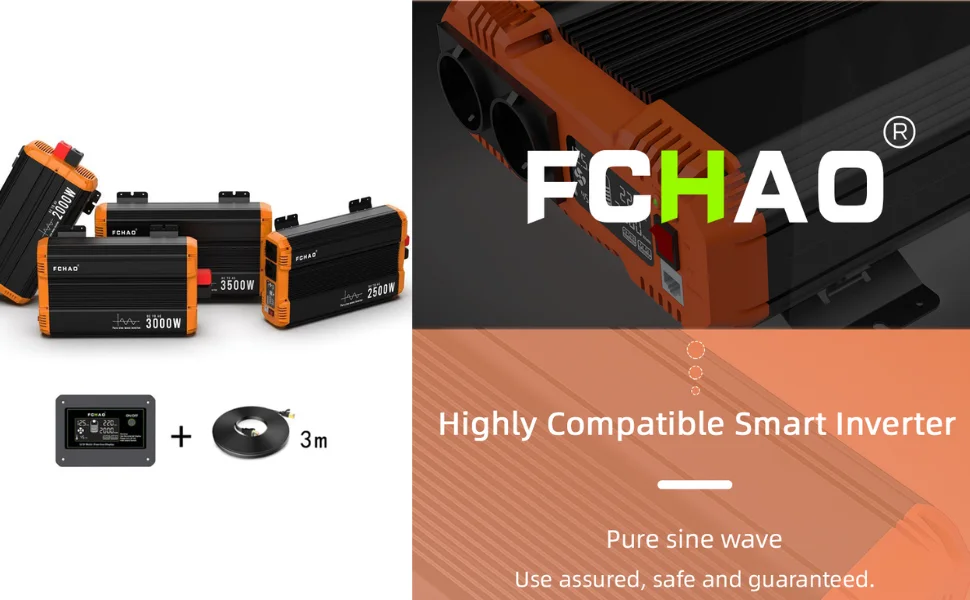 FCHAO 2000W/2500W/3000W/3500W 12V/24V auf 220V 230V 50Hz Auto-Wechselrichter Reiner Sinus DC-AC Stromwandler mit LCD-Display & Fernbedienung für Wohnmobile, LKW, Camping, Outdoor und Notstromversorgung – Detail 2
