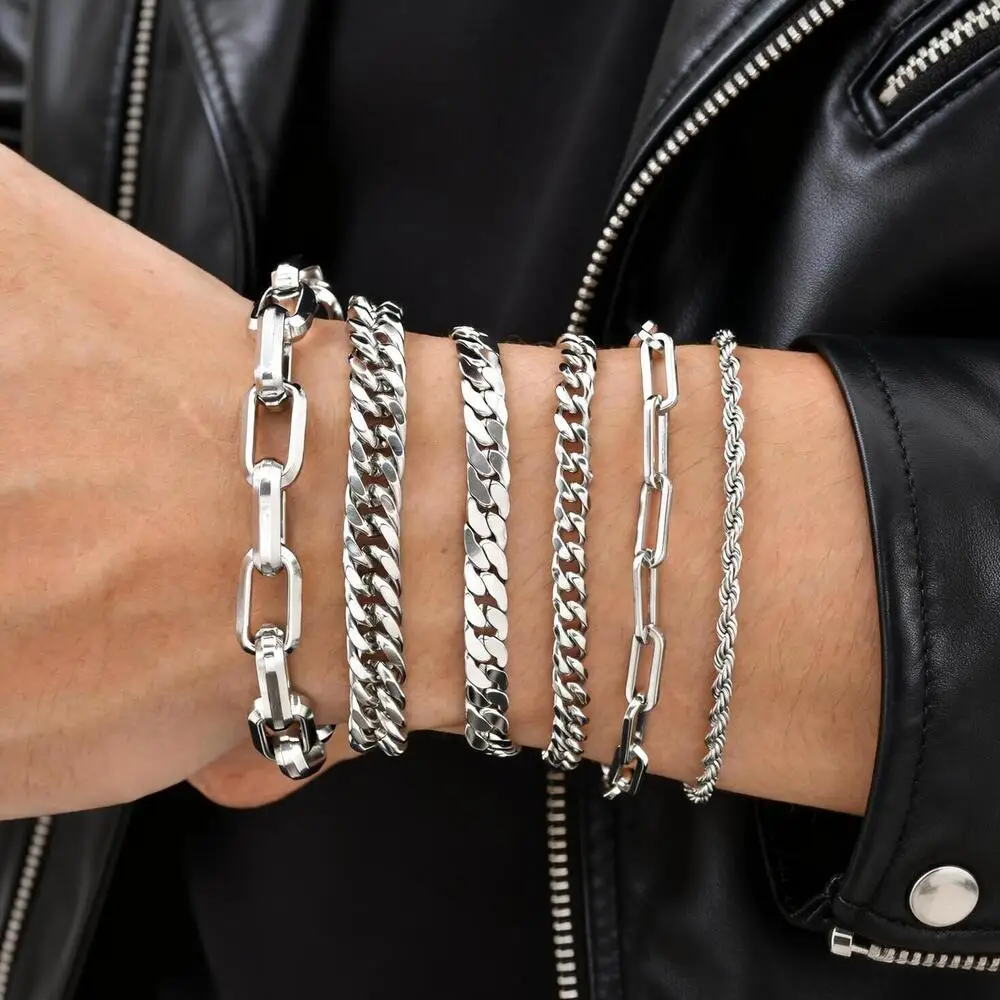 Punk Silberfarbene Herren-Kettenarmbänder, Hip-Hop Edelstahl Geflochtenes Gliederarmband, Klassischer Metallschmuck Geschenk für Ihn Papa