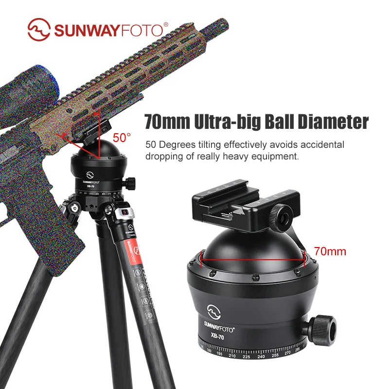 SUNWAYFOTO XB-70 70mm Ballhead for Hunting Tripod Picatinny and Arca Swiss Clamp Load 88lb(40KG)