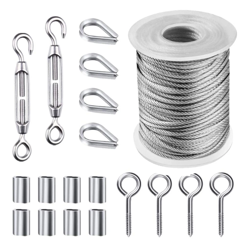 

Wire Rope Cable Hooks Cord Hanging Kit 304 Stainless Steel with Turnbuckle Wire Clothesline Wire Tensioner for Garden L9BE