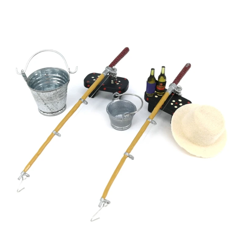 

1/12 Dollhouse Miniature Fishing Rod Hat Bucket Stool Model for Doll Life Scene for Doll House Decoration Dropship