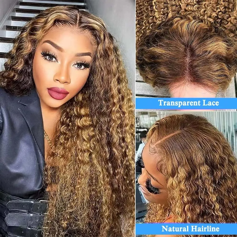 Highlight 13x4 Lace Front Wig Deep Wave 13x4 Lace Frontal Wig Remy Human Hair P4/27 Honey Blonde Pre Plucked For Women