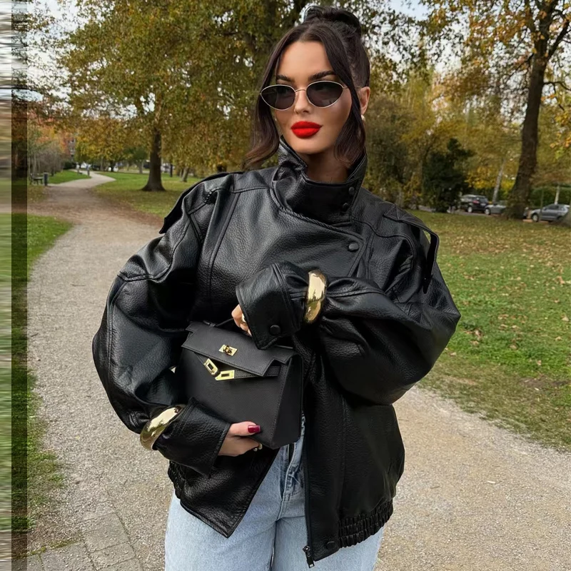 HXAO New Arrival Women's Bomber Jacket Leather Black