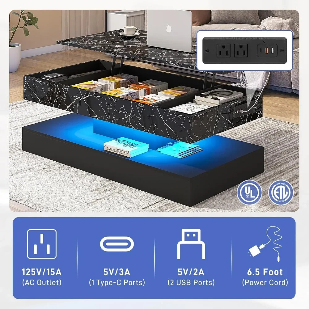 47.2" Large Lift Top Coffee Table Charging Station LED Modern High Glossy Center Table With Hidden Compartment Storage White