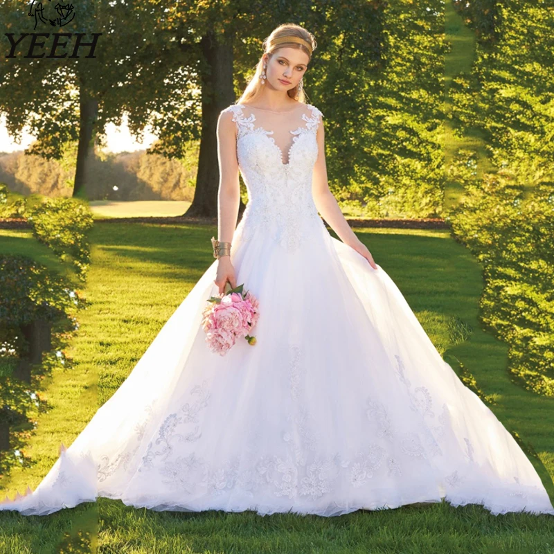 

YEEH размера плюс простое свадебное платье атласные кружевные свадебные платья для невесты, а-силуэт, сделанные на заказ свадебные платья