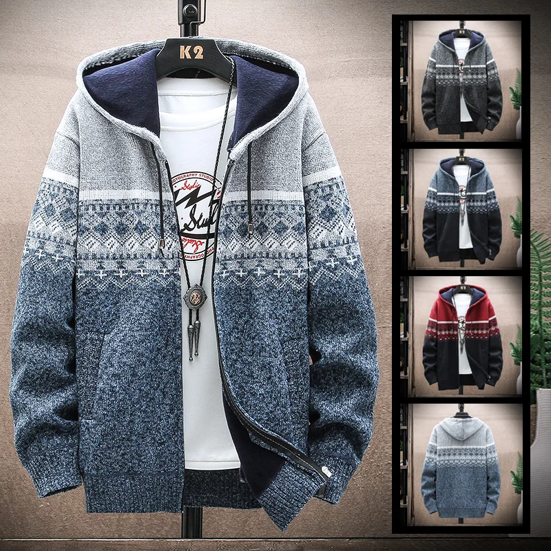 

2023 Autumn Korean Hooded Men's Thick Sweaters with Velvet Men's Cardigan Knitted Sweatercoats Patchwork Jacket Male M-3XL 6638