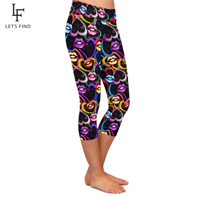 LETSFIND Sexy Women Legging LIPS Printing Capri Leggings High Waist Elasticity Slim Mid-Calf 3/4 Leggings  Female Pants