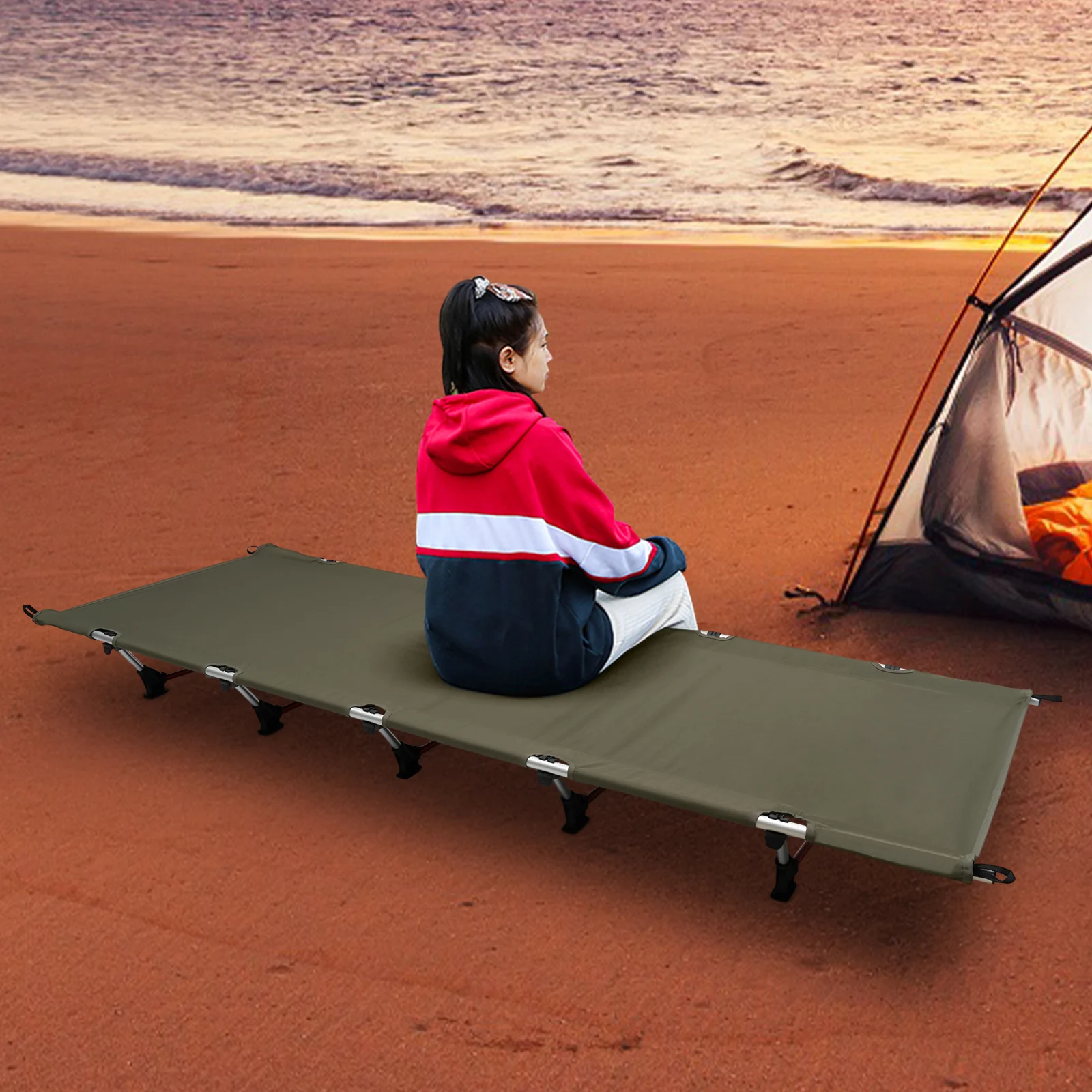 Faltbares Campingbett, 600D Oxford-Stoff, Klappbett, Outdoor, 150 kg, Reise-Schlafbett, Armeegrün, tragbares Zeltbett – Detail 6