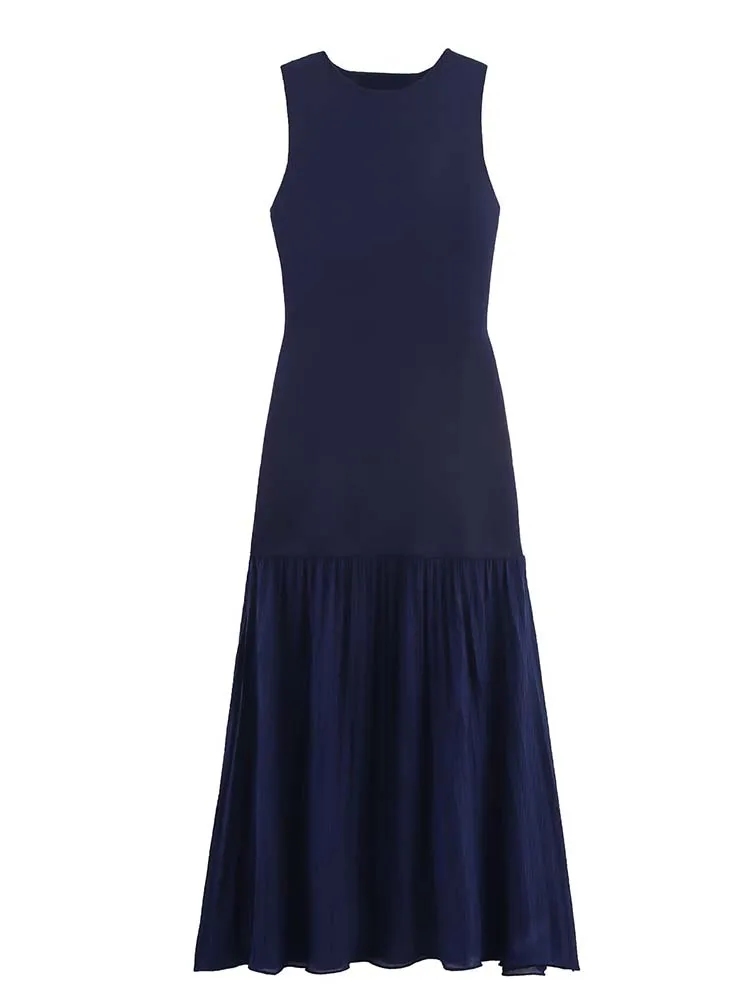 2025 Chic Splice Gauze Women Dresses Knitted Round Neck Sleeveless Dresses Fashion Elegant Slim Party High Street New Dress