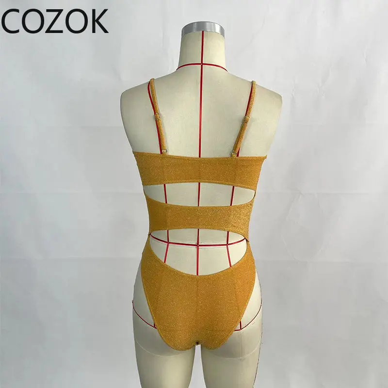 2023 Sexy Solid Gold One Piece Swimsuit Women Swimwear Push Up Bathing Suit Hollow Out Monokini Swimsuit Padded Swimming Suit