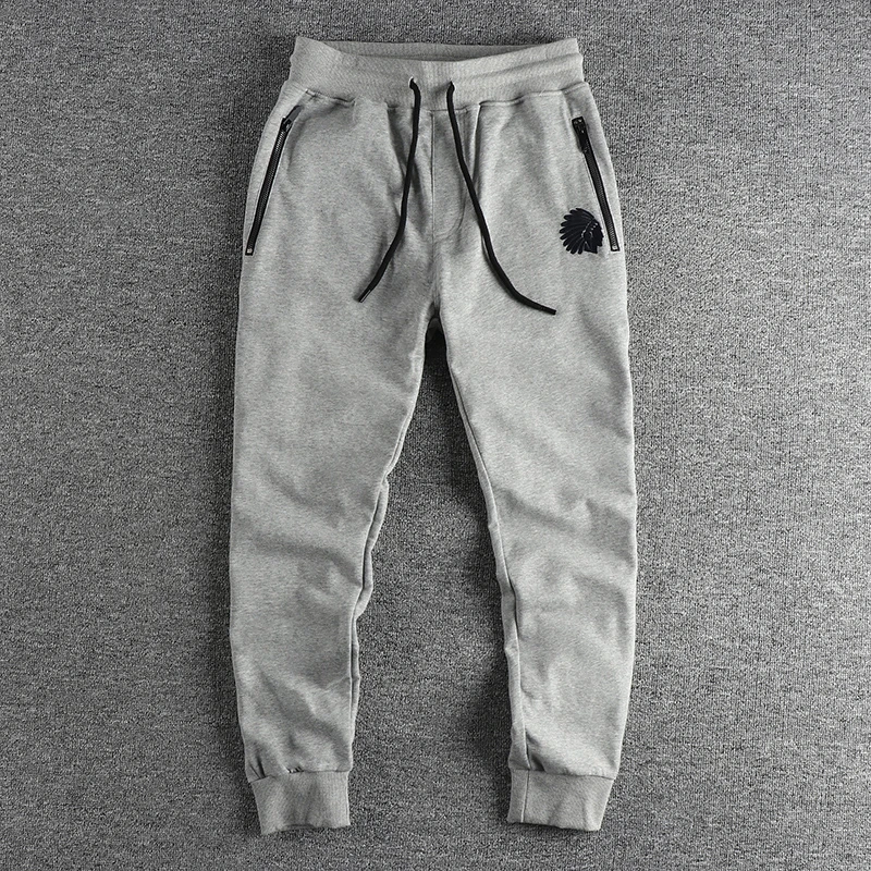 Autumn American Retro Terry Knitted Embroidery Men Sweatpants Simple Elastic Waist Drawstring Sport Casual Youth Slim Pants