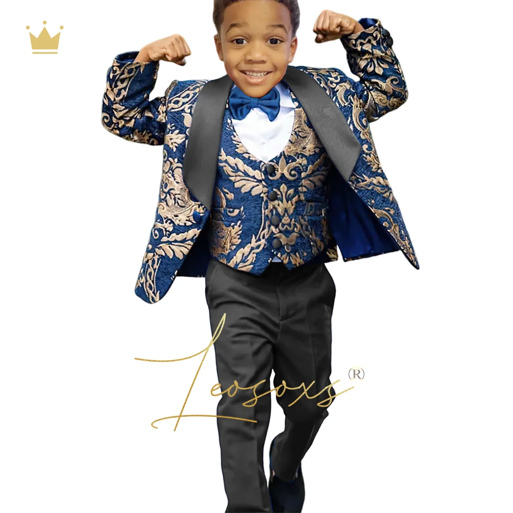 Boys blue gold flower jacket vest trousers dress suit tuxedo 3 piece set, children's wedding queue festival clothing