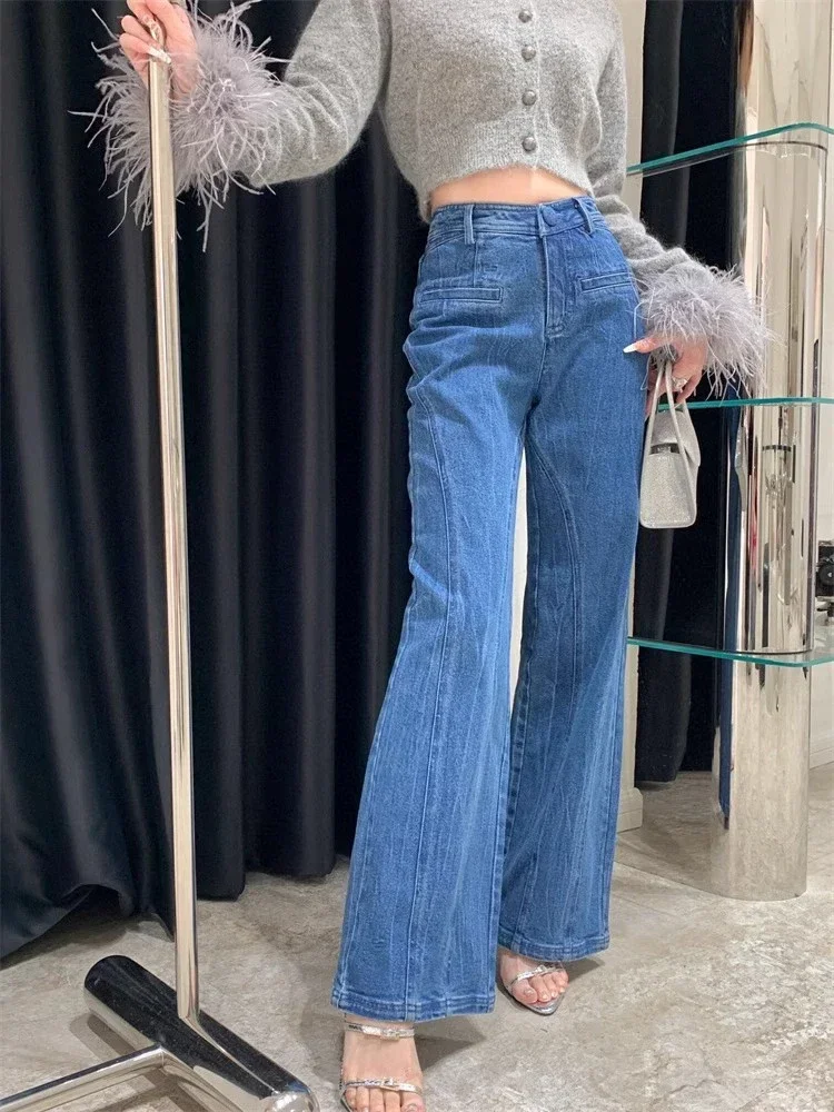 

Solid Designer Patchwork Bowknot Denim Pant For Women High Waist Spliced Button Streetwear Wide Leg Pants Female