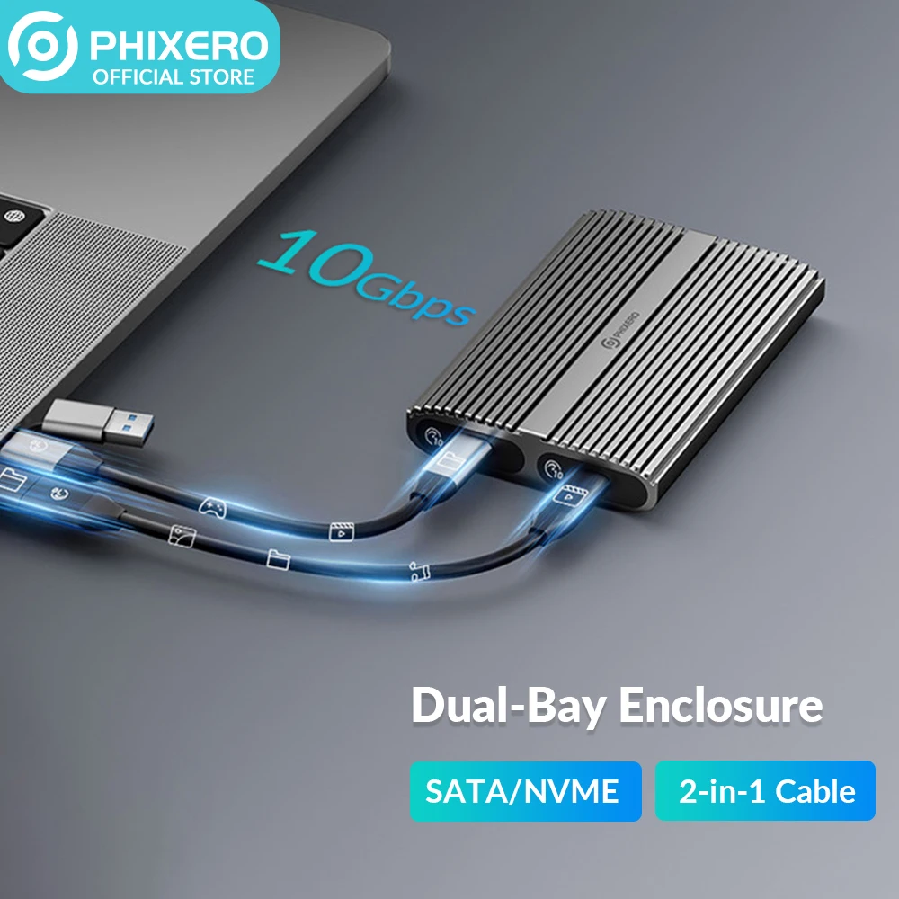 PHIXERO 10Gbps SSD Nvme M2 Case Support Dual Bay
