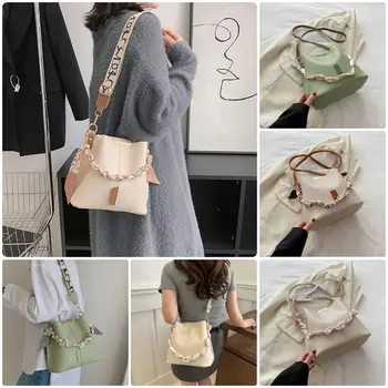 1Pcs PU Leather Bucket Bag Gold Chain Silk Scarf Decor Versatile Crossbody Bag Work Fashion Casual Style Large Capacity