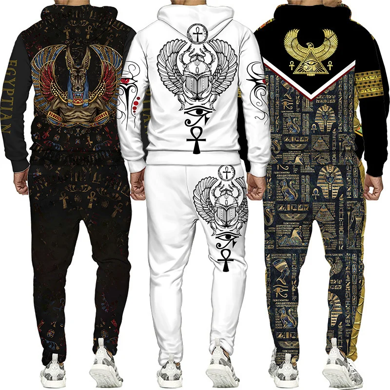 S-6XL Mărime mare 3D Jachetă pentru bărbați cu imprimeu egiptean Hanorac cu pantaloni Set Trening pentru bărbați Iarnă și toamnă Sport Umăr bărbătesc_voghion.com