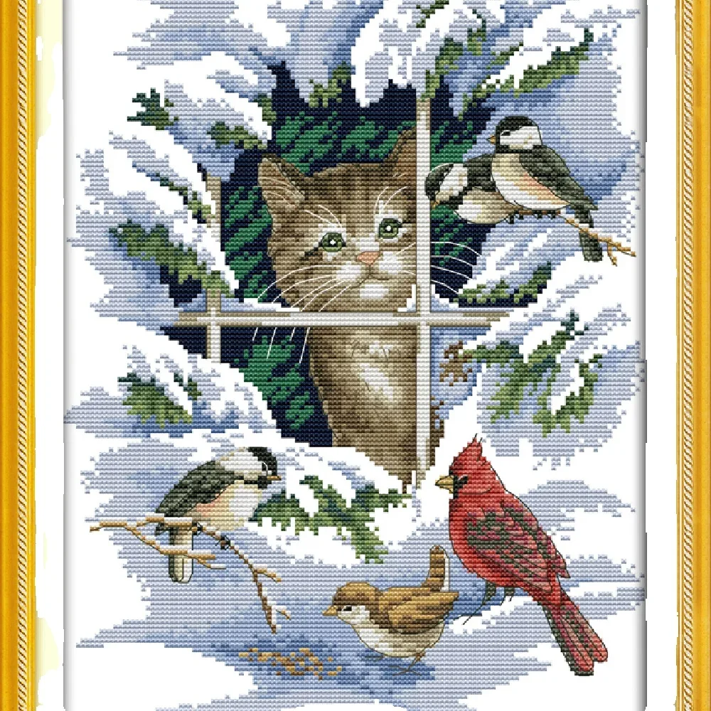 Joy Sunday Pre-printed Cross Stitch Kit Easy Pattern Aida Stamped Fabric Embroidery Set Cat and Birds