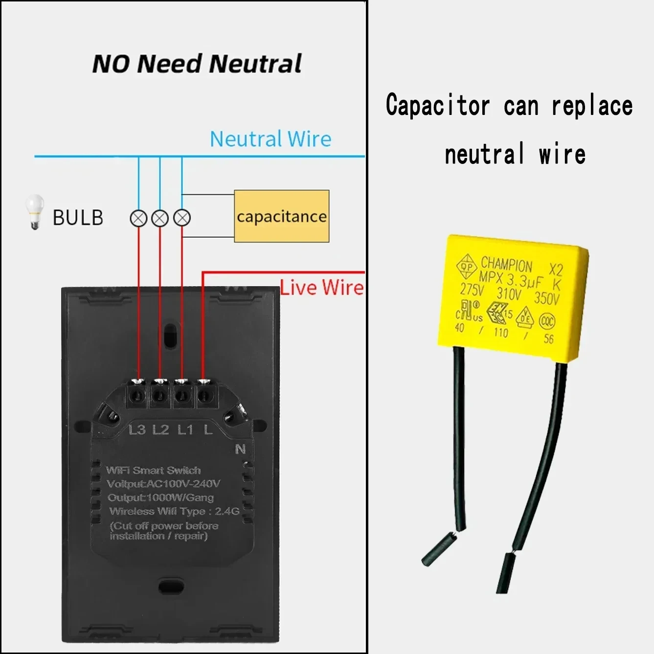 275VAC 3.3UF Safety Capacitor Polypropylene Film Capacitor，Suitable for smart touch switches without neutral