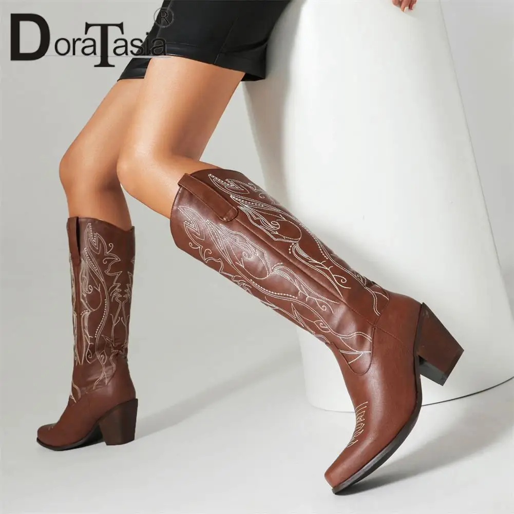 Big Size 43 New Ladies Chunky High Heels Mid-Calf Cowgirl Boots Fashion Embroider women's Cowboy Boots Vintage Shoes Woman