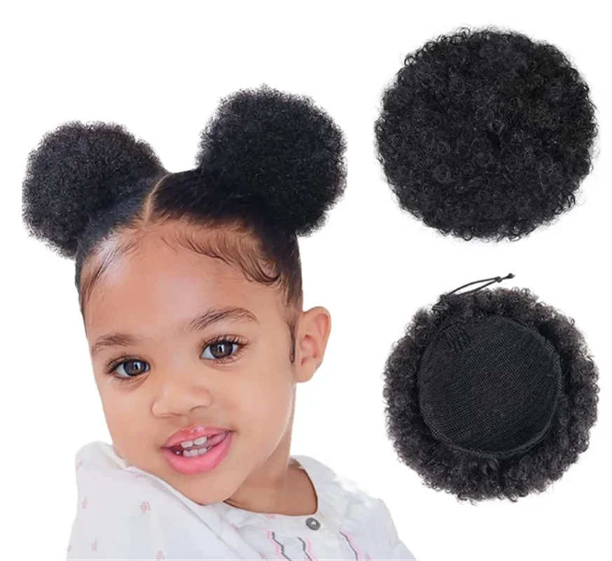 

2pcs/pack4 Inch Afro Puff Drawstring Ponytail for Girls Kids Black Women Small Size Synthetic Hair Buns Kinky Curly Hair Chignon