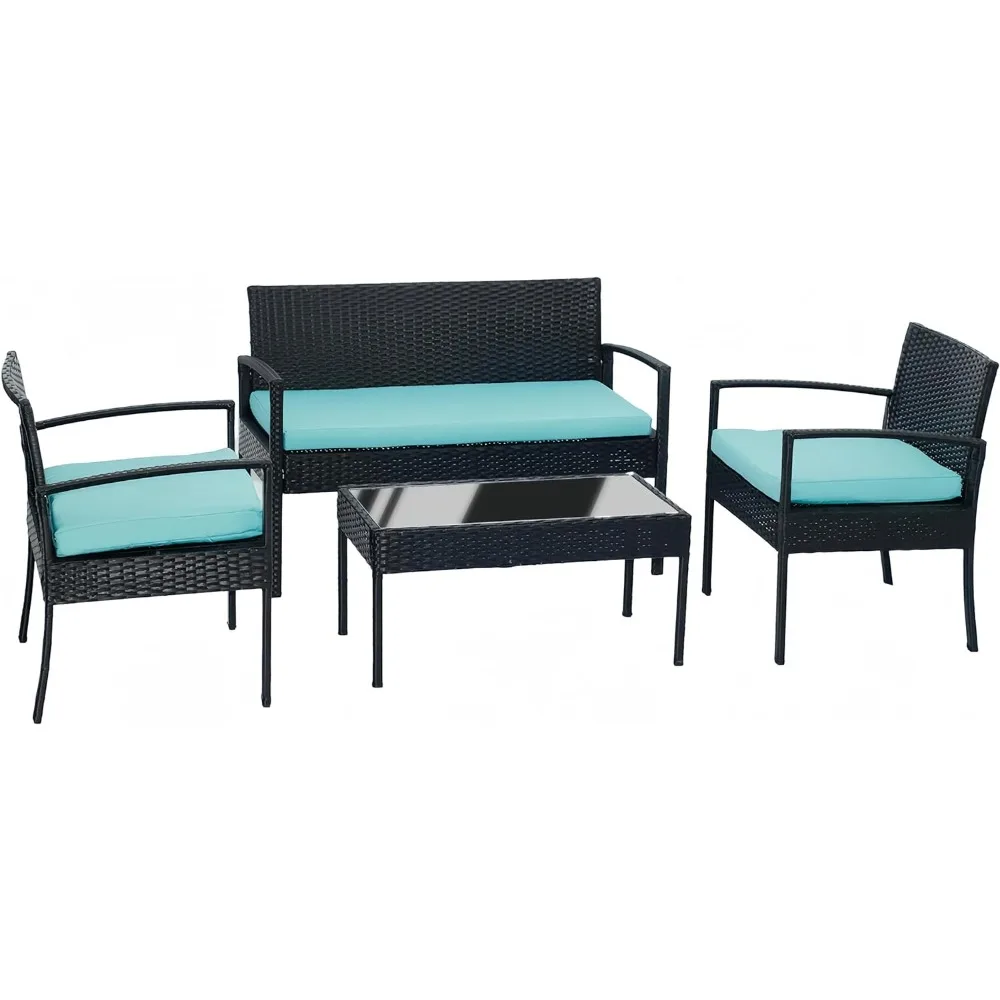 

Outdoor Furniture Set 4-Piece, Black Rattan Wicker Patio Sofa with Aqua Cushions, Glass Top Coffee Table Yard, Garden