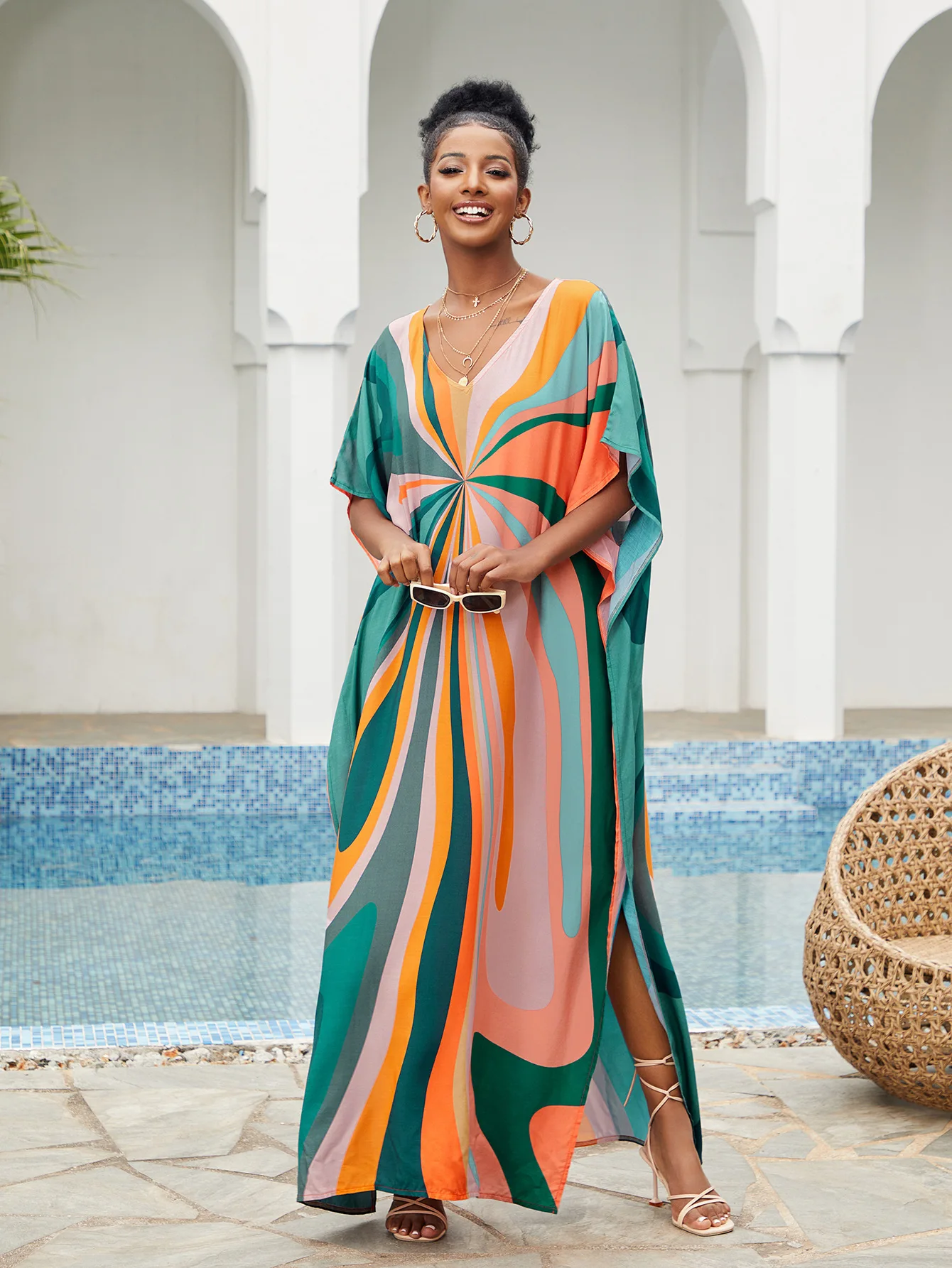 Women Beach Cover Up Loose Kaftan Dress Colorful Geometric Bathing Suit Bikinis Set Dress 2