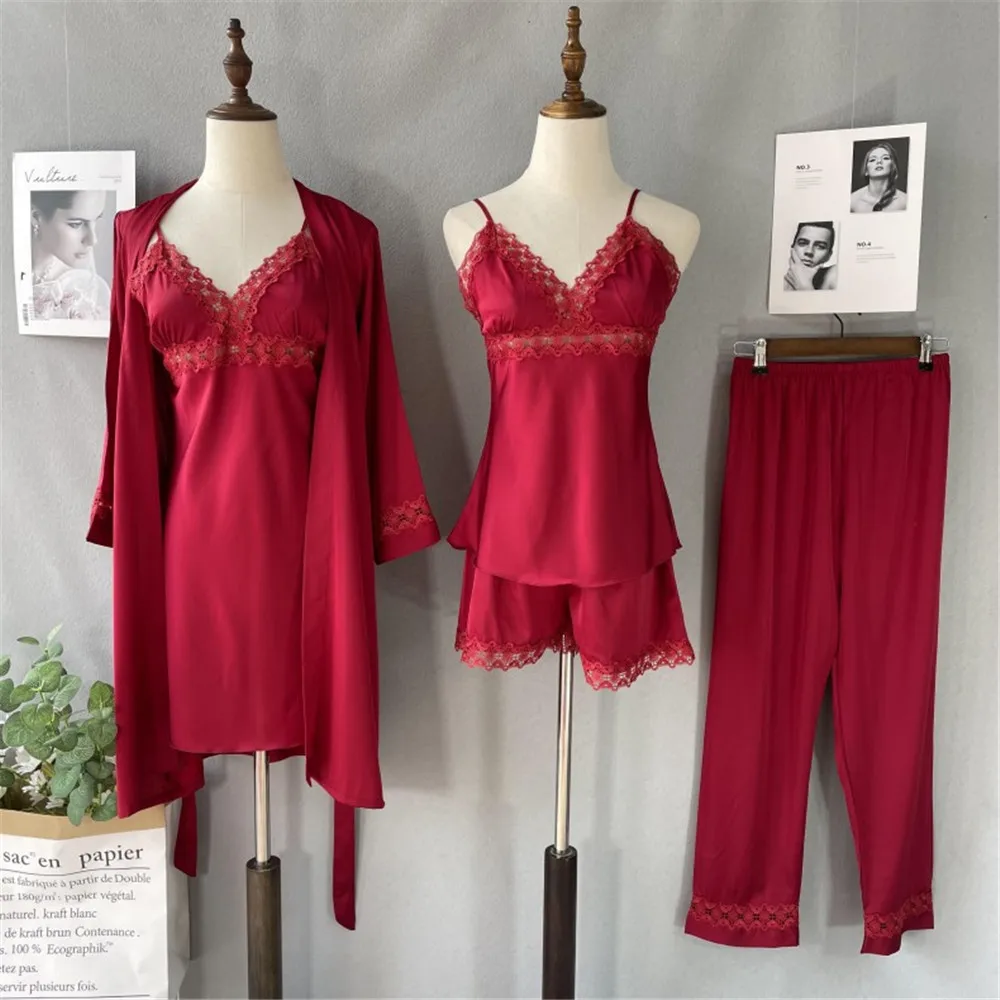 Summer Women Sexy Lace Trim Applique Pajamas 5/2/2/1 Pcs Satin Sleepwear Silk Homewear Clothing Female Pyjama With Chest Pads