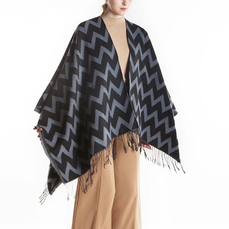 2024 Winter Women Ponchos Knitting Cape Water Ripple Striped  Shawl Cardigan  Cashmere Cloak Coats Tassel Dual Purpose