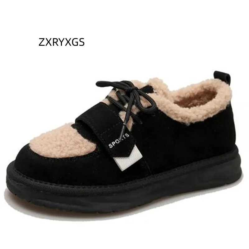 

ZXRYXGS Spell Color Splicing Frosted Leather Suede Surface Winter Flat Shoes Snow Shoes 2023 New Warm Casual Shoes Women Flats