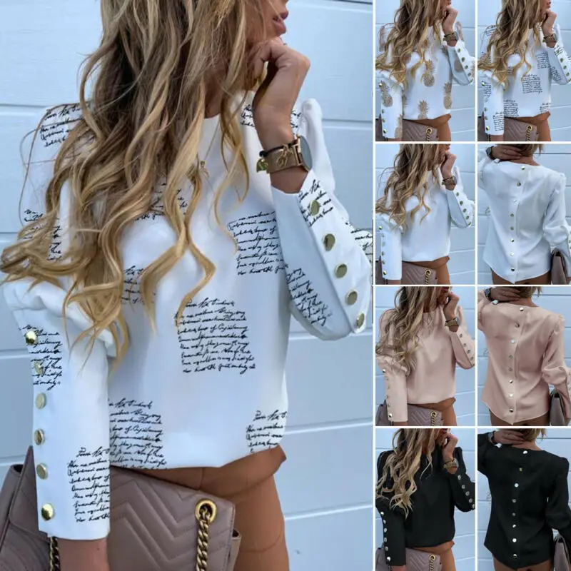 

2021 New Plus Size Womens Blouses And Shirts Casual Solid Print O Neck Long Sleeve Tunic Button Loose 2021 Fashion Woman Blouses