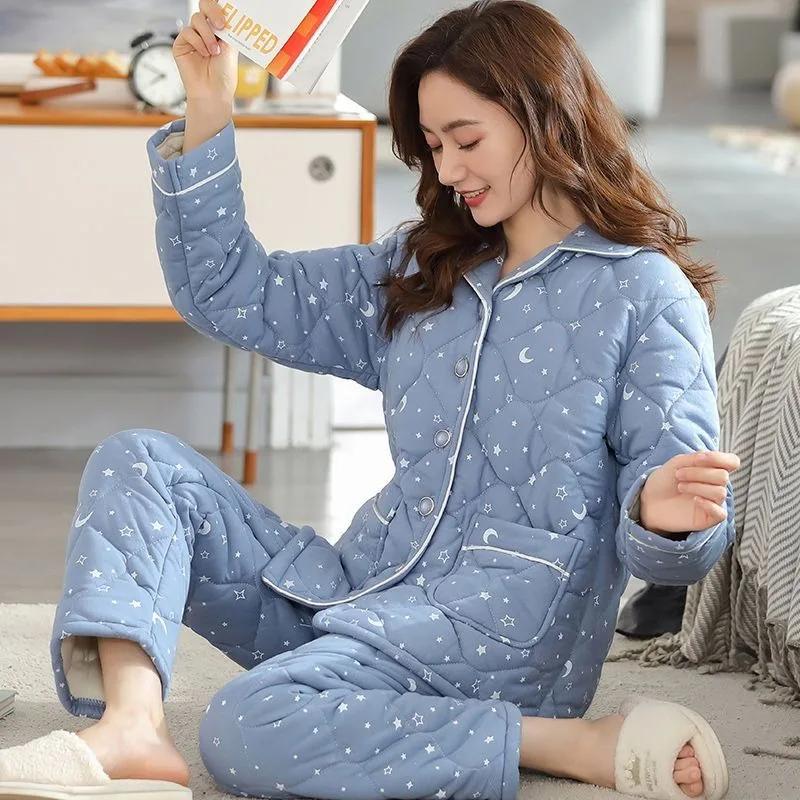 2023 New Pajamas Women 100% Pure Cotton Loungewear Suit Thickened Three Layers Cotton Sleepwear Autumn Winter Warm Homewear