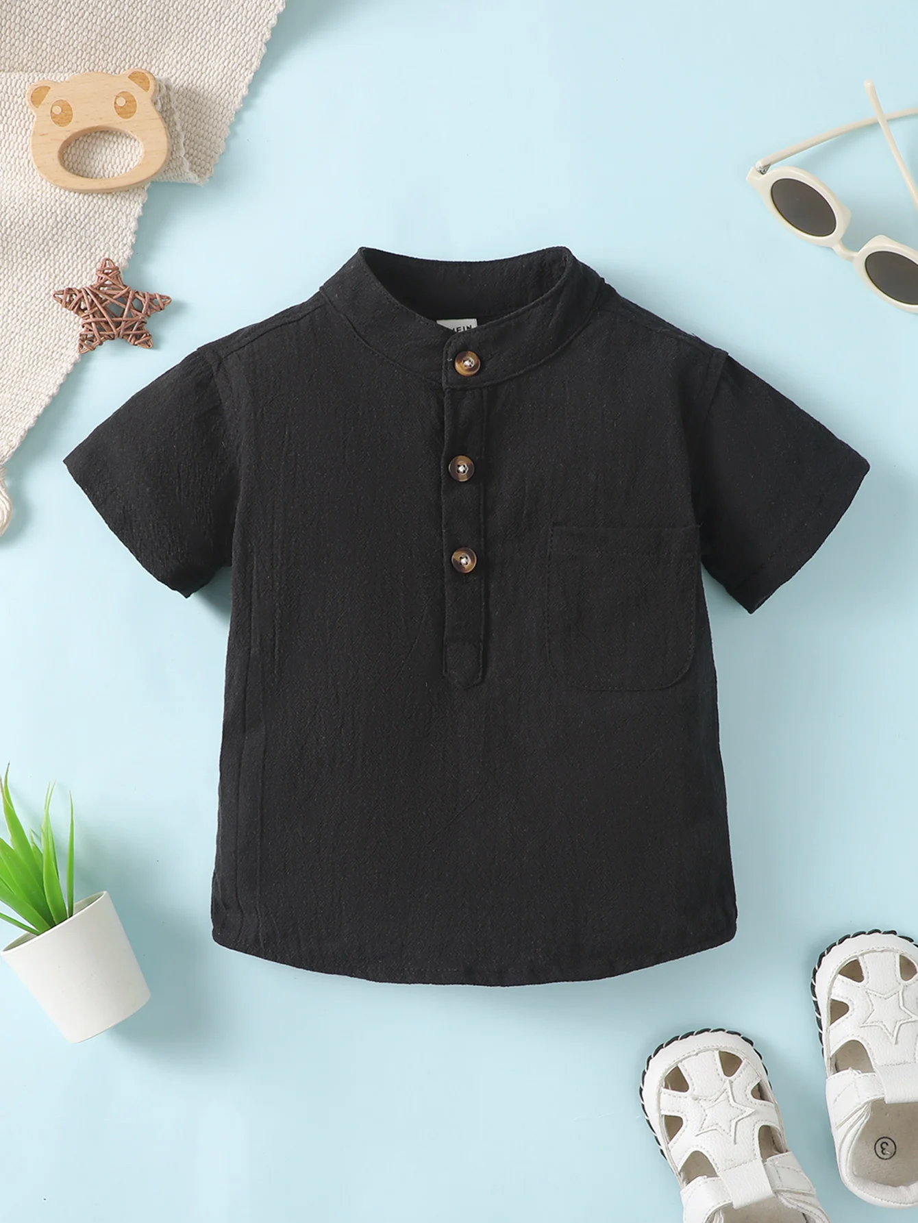 Baby Boy Small Stand Collar T-Shirt All-Match Short-Sleeved Pocket Anti-Dirty Pure Black Top