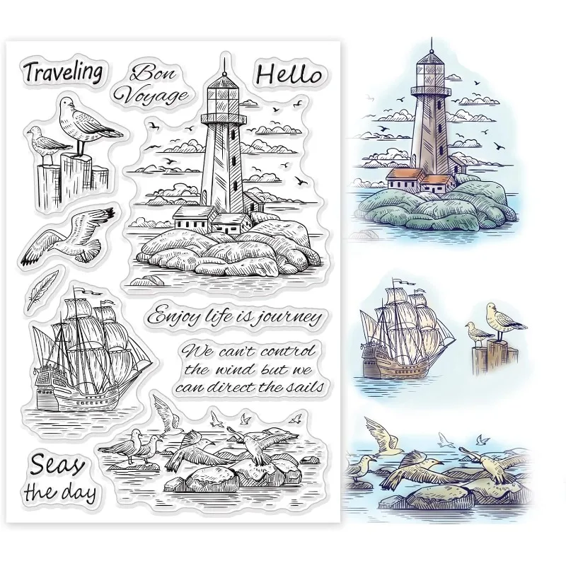 Seagulls Lighthouses Clear Stamps Sailboats Silicone Stamps Wishing Words Transparent Rubber Seal 1Sheet For Card Making clear stamps clear rubber stamps