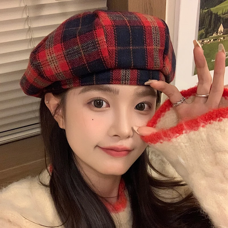 Traditional Korean Beret Style Ins Korean Retro Red Plaid Berets