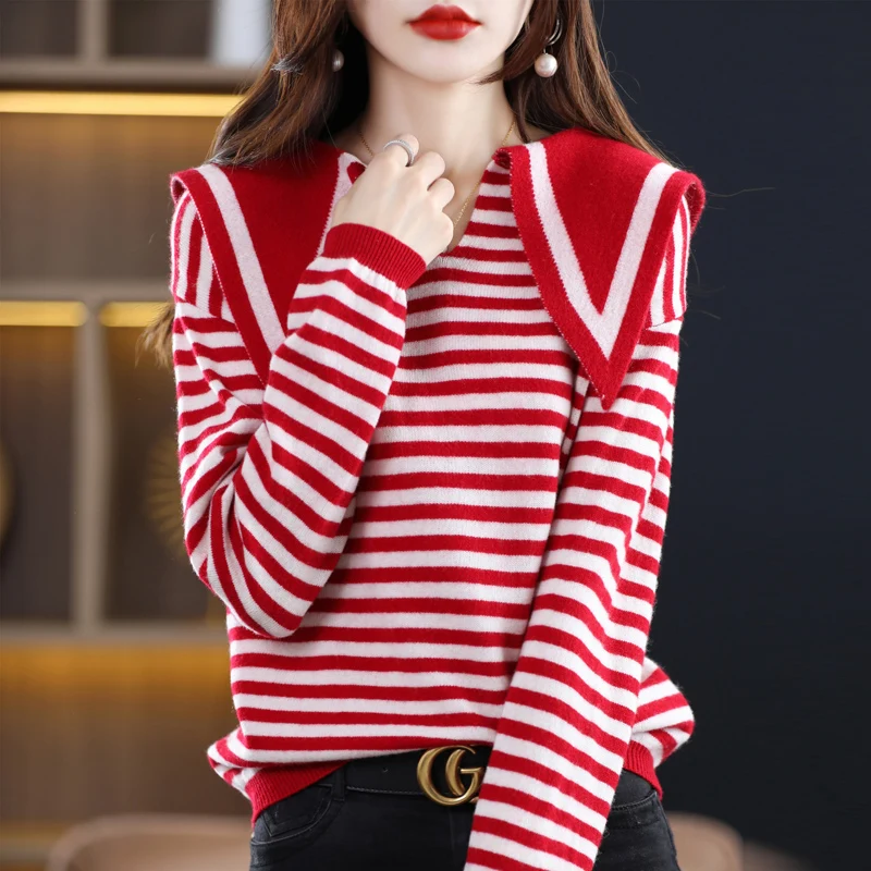 

Autumn and winter new navy collar sweater ladies 100% pure wool loose fashion striped bottoming shirt.