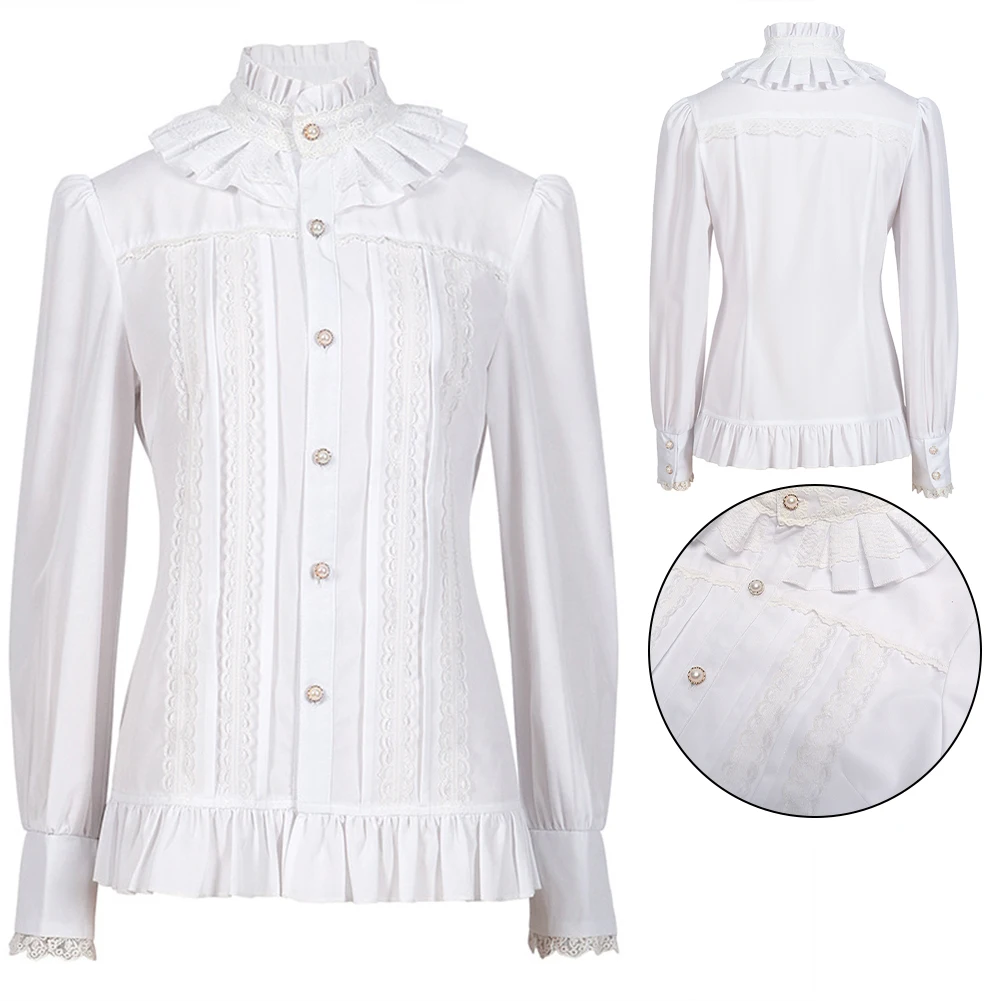 Vintage Victorian Women's Shirts And Blouse Solid White Gothic Stand Collar Lace Lolita Lotus Ruffle Tops Shirt Woman Clothing