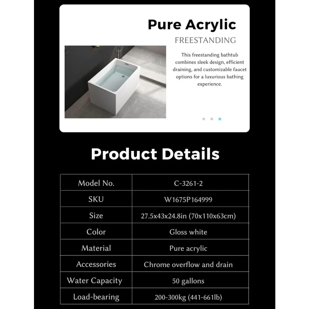 43 "acrylic Independent Bathtub, Japanese Style Soaking Bathtub: Compact and Spacious, Glossy White Finish, Chrome Overflow 5