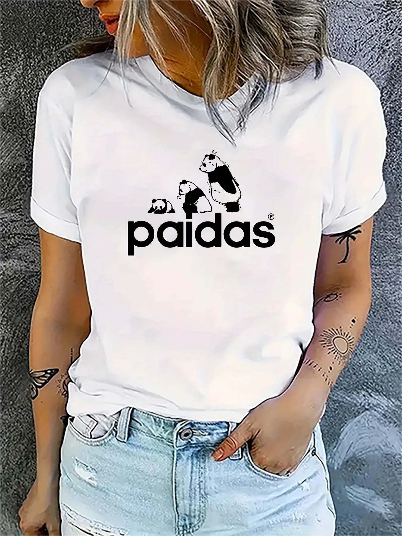 

Casual Stretch Short Sleeve Sport T-Shirt, Women's Clothing Simple Cartoon Panda Print Round Neck T-Shirt,