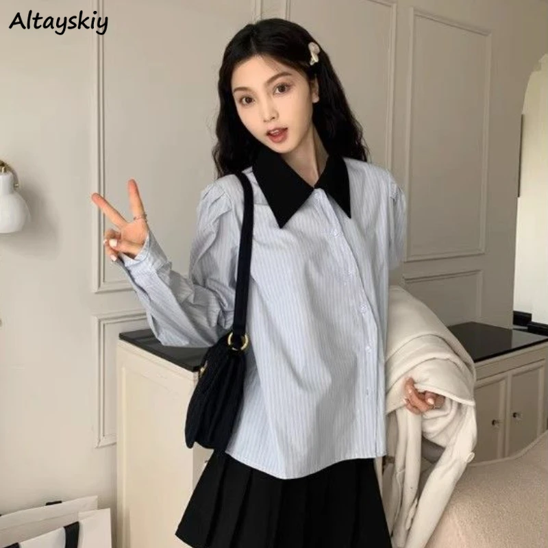 

Autumn Shirts Women Chic Puff Sleeve Kawaii Girls Preppy Style Tops Y2k Students Leisure Stylish Contrast Color All-match Retro