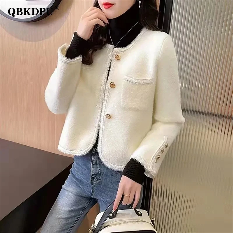 

Elegant White Mink Fleece Cropped Cardigan Women Korean Fashion Long Sleeve Knitted Sweater Jacket Vintage Cashmere Short Coat