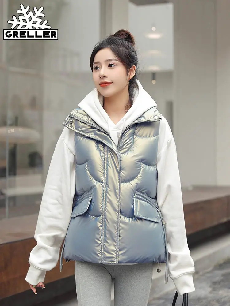 

GRELLER 2022 New Winter Vest For Women Solid Short Cotton Padded Stand Collar Women's Winter Sleeveless Waistcoat Jacket
