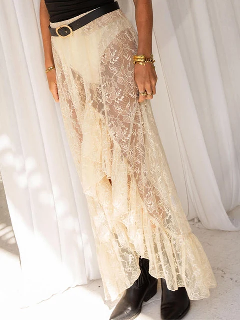 Mulheres Fada Florais de Renda Saias Longas Bainha Rujado Verão Outono Cintura Elástica Transparente Assimétrica Saia Longa Praia Streetwear 2 Saias Longas de Renda Florais de Fadas Femininas